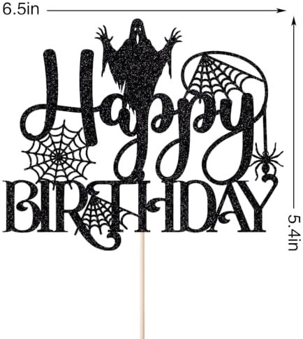 1 PCS Halloween Happy Birthday Cake Topper, Spider Terror Spooky Haunted House Black Glitter Cake Supplies, Creepy Birthday Themed Party Decoration Supplies
