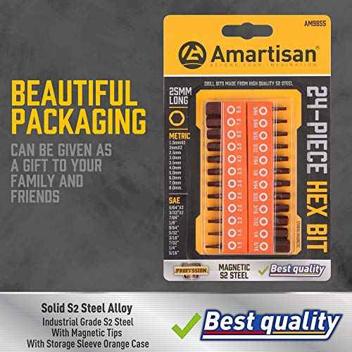 Amartisan 24-Piece Hex Head Allen Wrench Drill Bit Set, Metric and SAE S2 Steel Hex Bits Set, 1" Long
