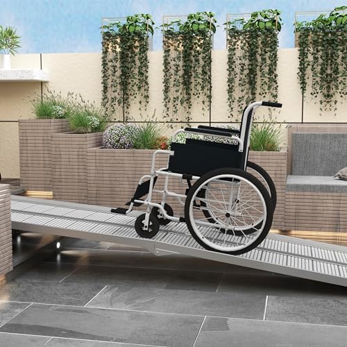 HOMCOM Wheelchair Ramp 10FT, Foldable Aluminum Threshold Ramp with Non-Slip Surface and Handle, 600lbs Weight Capacity, Suitcase Handicap Ramp for Home, Doorways, Curbs, Steps