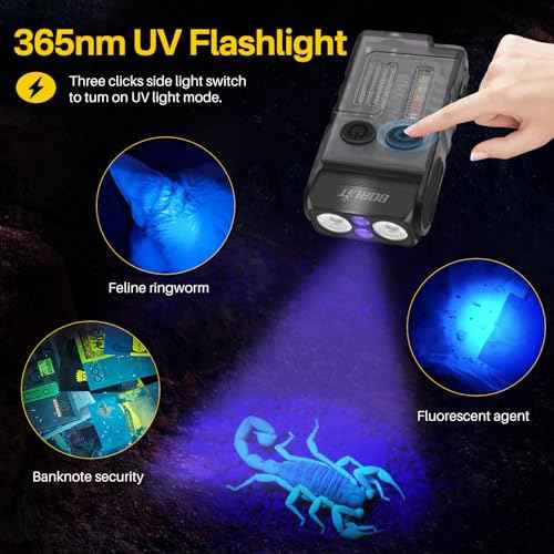 BORUIT V20 LED Small Powerful EDC Flashlight with 365nm UV Light,180¡ÆHead Swivels,Super Bright USB C Rechargeable Mini Pocket Keychain Flash Light with Clip-13 Mode,IP67,Magnetic,110DB Buzzer(Black)