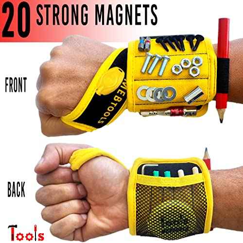 Magnetic Wristband with Flashlight and Tape Measure ? Screw, Drill Bit, and Nail Holder with 20 Strong Magnet Pieces Increases Convenience for DIY, Carpenters, Mechanics, and More by MEBTOOLS
