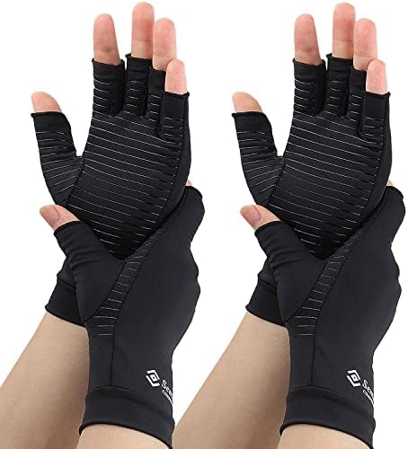 2 Pairs Compression Gloves for Women and Men, Fingerless Copper Arthritis Gloves for Rheumatoid Arthritis Osteoarthritis Carpal Tunnel, Hand Pain Relief and Support, Open Finger (Black, Large)