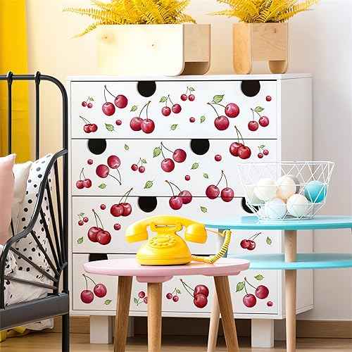 6 Sheets 102 Pcs Cherries Wall Stickers, sacinora DIY Cherry Fruit Art Wall Decals Removable Vinyl Peel and Stick for Nursery Living Room Bedroom Children's Room Playroom Furniture Closet Decorations