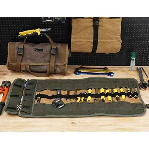 Wrench Tool Roll, Heavy Duty Waxed Canvas Multi-Purpose Tool Pouch Bag with 25 Pockets, Easy Storage, Durable (Khaki)