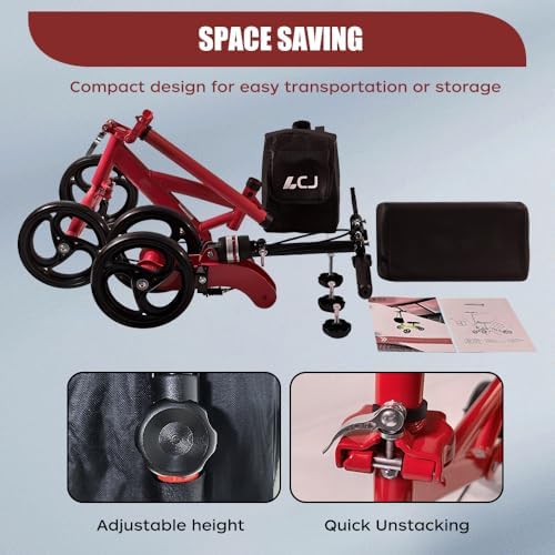 Knee Scooter,Economical Foldable Steerable Knee Walker,for Adults Foot Surgery,Injured Ankle Recovery Scoote(Red-Standard Version)