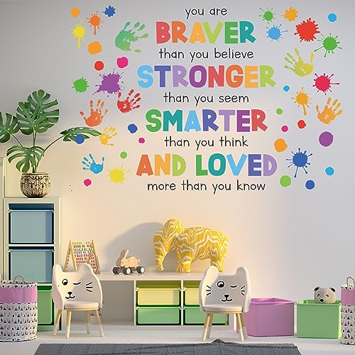 Motivational Wall Decals for Kids ? Braver Stronger Smarter Loved Inspirational Quote Stickers, Peel and Stick Positive Affirmations for Nursery, Playroom, Preschool, Classroom Decor