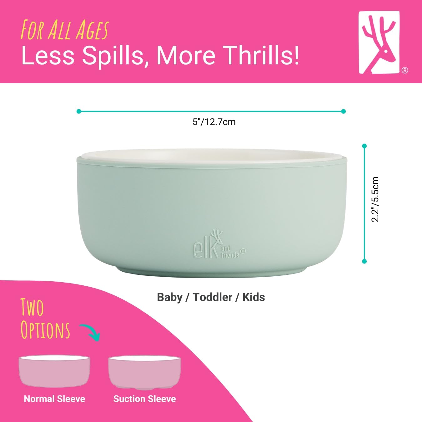 Elk and Friends Kids Porcelain Bowls with Silicone Suction Sleeves | Suitable for Babies/Toddlers | Microwave & Dishwasher Safe | Stay Put Dinnerware | Snack Dishes | 2 Pack