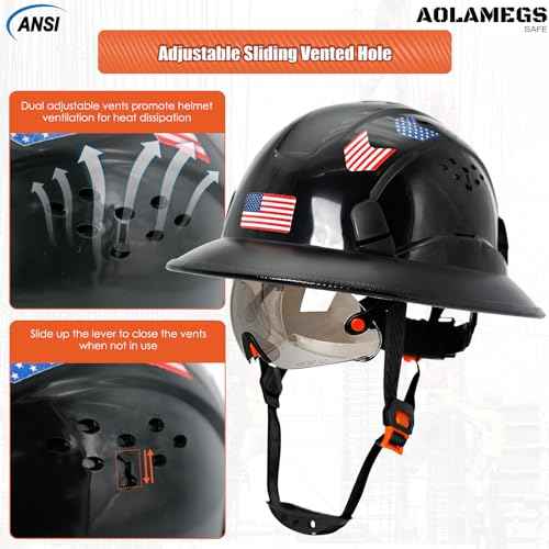 Full Brim Hard Hats Construction OSHA Approved with Clear Visor - Cascos De Construccion Vented Hard Hat with Chin Strap ANSI Z89.1 Adjustable Cool Vent Work Safety Helmet for Men Women