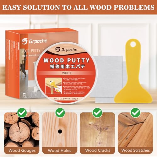 Wood Filler Putty, White Wood Putty Filler Paintable, Stainable, Sandable, 7 Ounce Furniture Repair Kit, Quickly Repair Holes, Cracks, Chips and Scorched Areas of Wooden Furniture Floor,Easy to Use