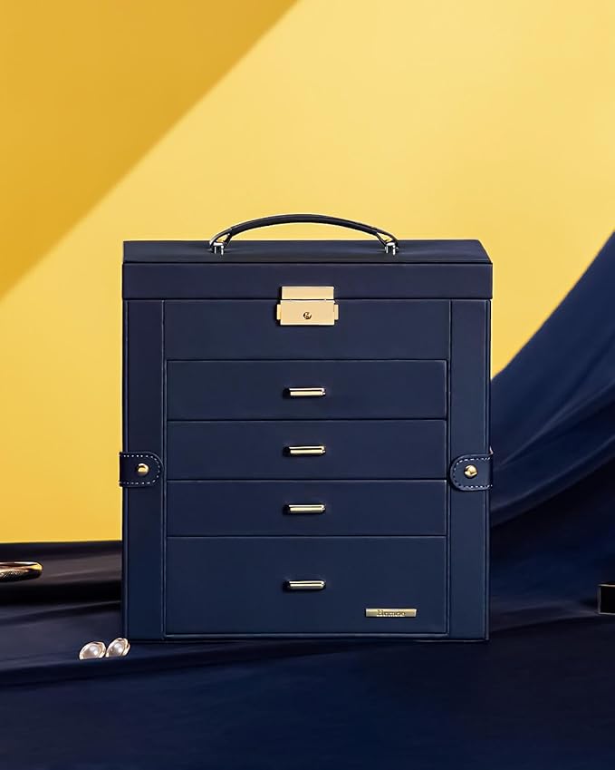 Homde Synthetic Leather Huge Jewelry Box Mirrored Watch Organizer Necklace Ring Earring Storage Lockable Gift Case (Dark Blue + Gold)