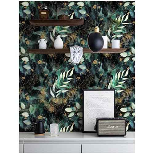 HAOKHOME Peel and Stick Wallpaper Boho Forest Vintage Removable Black/Green/Matte Gold Vinyl Self Adhesive Mural for Bedroom 17.7in x 6.5ft