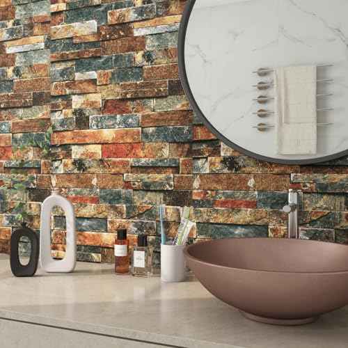 FunStick Vintage Faux Brick Wallpaper Peel and Stick 3D Textured Squares Brown Red Blue Brick Wall Paper Roll for Kitchen Bedroom Waterproof Brick Contact Paper for Walls Fireplace Removable 15.8"x80"