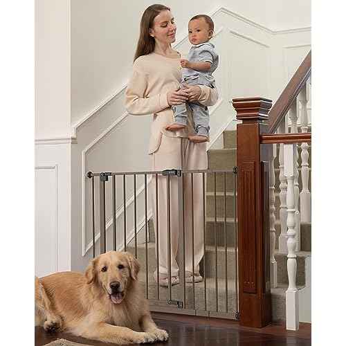 InnoTruth 29.5?40.75" Baby Gate for Stairs, 30" Tall Dog Gates for Doorways & Hallways, Safety Gate for Kids & Pets, Pressure-Mounted Walk-Through with Dual Lock & 2-Way Swing, Brown