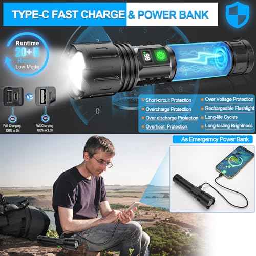 DanByte Rechargeable LED Flashlights High Lumens,1500 Meters Super Bright Tactical Flashlight with 5 Modes,Waterproof,Powerful Handheld Flash Light for Emergencies,Hurricane,Hiking,2PACK