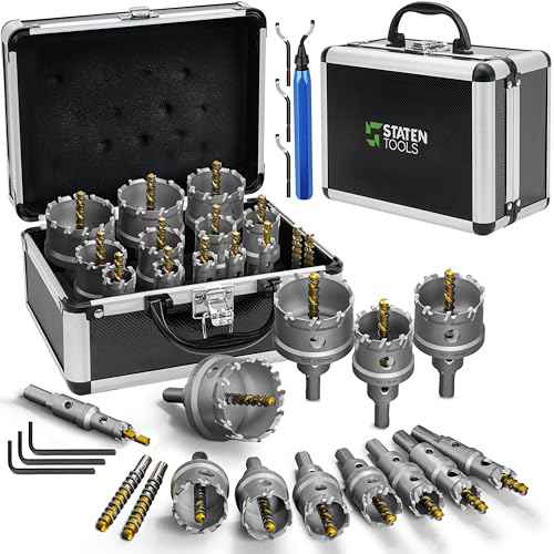 Tungsten Carbide Hole Saw Kit 22 Pcs ? Carbide Hole Saw Set 9/16" to 2-1/8" for Metal, Stainless Steel, Wood ? Includes 2 Drill Bits, Deburring Tool, 4 Blades, 3 Allen Wrenches ? Industrial & DIY Use