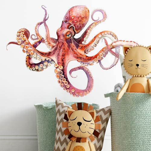 Lifelike Red Octopus Wall Decal Nursery Sea Animal Wall Sticker for Bathroom Removable Peel and Stick Waterproof Wall Art Decor Stickers for Kids Baby Classroom Living Room Playing Room