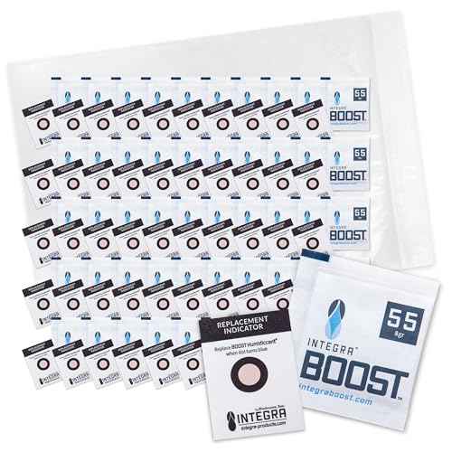 Integra Boost - 55% RH Level - 8 Gram Size - Two-Way Humidity Control Pack Incl. Replacement Indicator Cards - Food Storage & Herbs Preserver Moisture Balancer, Protects 1 OZ (Pack of 50)