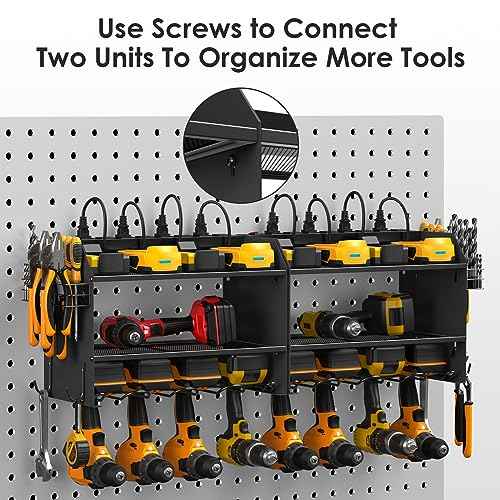 CCCEI Modular Power Tool Organizer Wall Mount Charging Station, Black 6 Drills Holder with 8 Plug Power Strip 10FT, Garage Drill Battery Heavy Duty Metal Shelf, Utility Rack with Hooks, Side Storage.