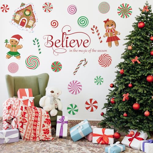 Runtoo Christmas Wall Decals Merry Christmas Peppermint Candy Cane Gingerbread Xmas Quotes Ornaments Window Clings Removable DIY Holiday Glass Floor Sticker Bedroom Door Decor