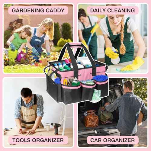 Cleaning Caddy Tote with Removable Dividers - 17.8x12.2x9.3in Waterproof Tool Organizer Bag with Handles & Adjustable Shoulder Strap for Housekeepers, Cleaners & Car Detailing Supplies (Pink)