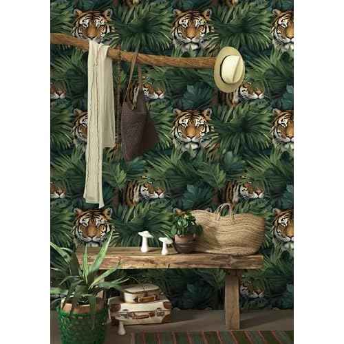 HAOKHOME Tropical Peel and Stick Wallpaper Jungle Tiger Leaf Plam Animal Removable Stick on Contact Paper for Home Decor Green/Brown 17.3in x 9.8ft