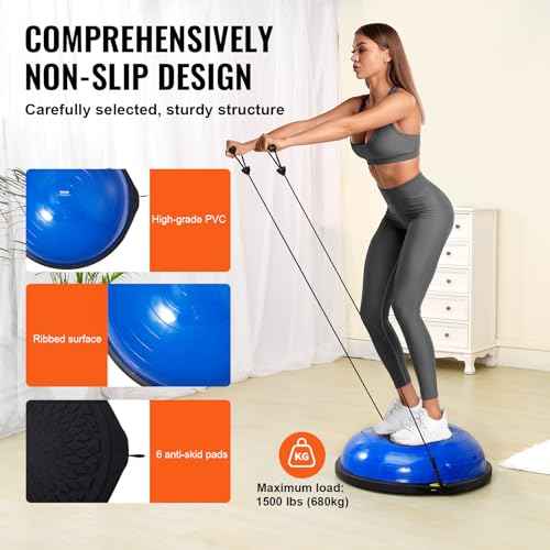 VEVOR Half Exercise Ball Trainer, 23/26 inch Balance Ball Trainer, 1500lbs Capacity Stability Ball, Yoga Ball with Resistance Bands & Foot Pump, Strength Fitness Ball for Home Gym Full Body Workout
