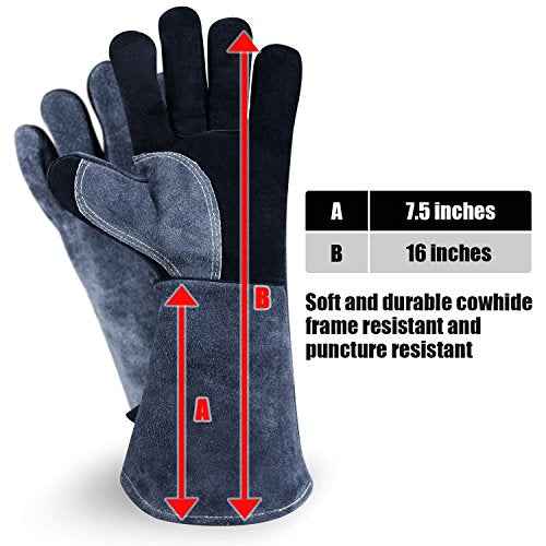 932¢µ Grill BBQ Gloves 16-inch Heat Resistant Leather Forge Welding Glove with Flame Retardant Long Sleeve and Insulated Lining for Men and Women Black-Gray