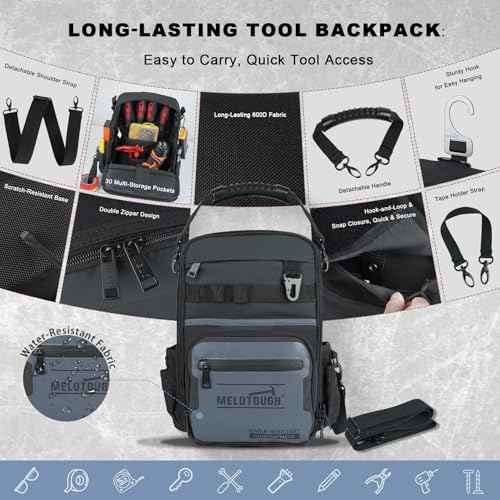 MELOTOUGH Small Tool Backpack for Men 30 Multi-Storage Pockets Heavy Duty Tool Bag Backpack with Dual-Form Shoulder Strap for Electrician, HVAC, Technician - Water Resistant (Grey)
