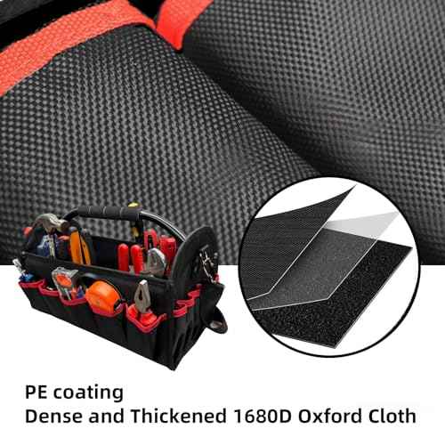 16 inch tool bag, foldable open top tool bag, 1680D waterproof and wear-resistant, 26 pockets to hold various tools, wide mouth electrician tool tote bag, steel handle and adjustable shoulder strap
