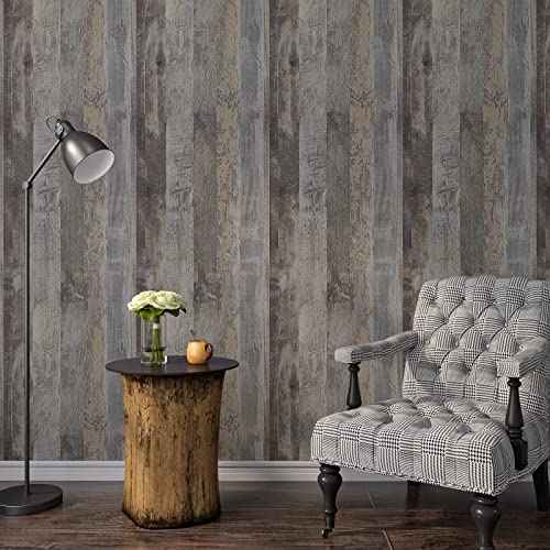 VaryPaper 15.7''x78.7'' Distressed Brown Grey Wood Contact Paper for Walls Removable Waterproof Shiplap Peel and Stick Wallpaper Wood Grain Vinyl Wrap Wood Plank Wallpaper for Bedroom Countertops