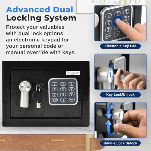 SereneLife Premium Steel Digital Safe Box - 9.1" x 6.7" x 6.7" | Secure Storage for Cash, Firearms & Jewelry | Great For Hotels, Cabinets & Home Use | Electronic & Mechanical Access | 2 Keys | Black