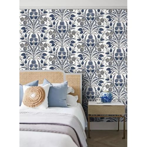 CiCiwind Blue and White Peel and Stick Wallpaper Floral Wall Paper Boho Self Adhesive Renter Friendly Contact Paper for Bedroom Bathroom William Morris Decor Vinyl Rolls 17.3"¡¿78.7"