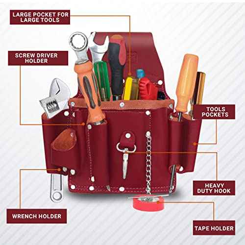 FUERI Leather Tool Pouches for Carpenter Electrician Heavy Duty Construction Professional 5 Pocket Tools Belt Suspenders Organizer