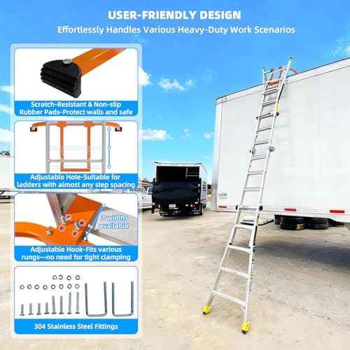 Extension Ladder Stabilizer-Ladder Standoff for Roof Gutter-500 Lbs Capacity-Heavy Duty Alloy Steel Ladder Hook-Wing Span Wall Extension Accessory Arms with Anti-Slip Rubber Feet/U Bolt