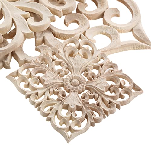 MUXSAM Square Wood Carved Onlays Appliques, Unpainted Ornate Wooden Carvings Center Decals for Closet Door Cabinet Drawer Wall Ceilling Dresser Wardrobe Furniture DIY Decor(2-Pack, 12cm/4.7")