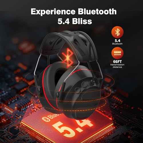 Bluetooth 5.4 Hearing Protection Headphones with 1200mAh Rechargeable Battery, 120H Working Time, 30dB SNR, Ear Muffs with Larger Buttons for Easy Operation, Superior Stereo Sound Quality Black-Red