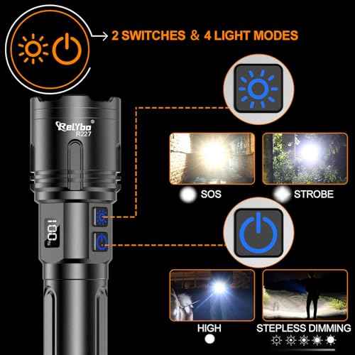 Rechargeable Flashlights High Lumens, LED Flashlight 10000 Lumens, Super Bright High Powered Flashlights, Long Rang 5000 FT, 2 Switch, Powerful Flashlights for Home Emergency Camping