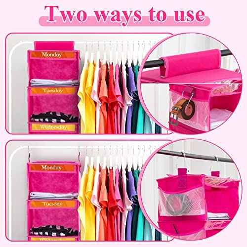 Amylove 2 Pack 6 Shelf Weekly Clothes Organizer for Kids with Side Pocket, 47 Inch Days of The Week Clothes Organizer, Monday to Friday Daily School Outfits Clothing Divider for Kids(Rose Red)