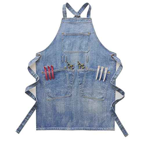 Denim Apron With Pockets,Distressed Jean Apron,Hairstylist Aprons,Denim Work Apron - Washing Style | Adjustable XXL
