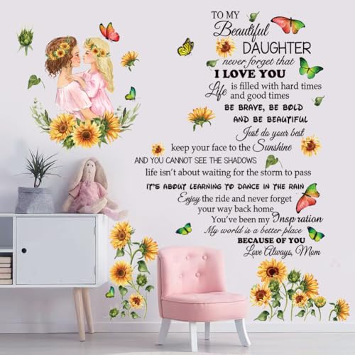 Inspirational Quote Decal for Daughter - Removable Peel & Sticker Vinyl Wall Sticker, Floral Theme for Bedroom, Playroom, Living Room - Yellow