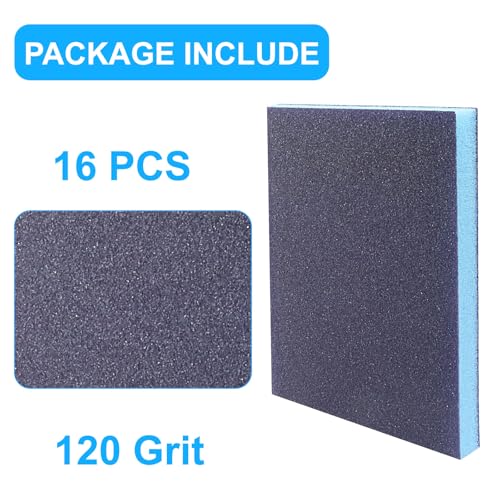 16 Pack Sanding Sponge, 120 Grit Washable and Reusable Sanding Blocks for Wood, Metal, Drywall, and More, Ideal for Flat and Irregular Surfaces, Robust and Versatile for Wet or Dry Use