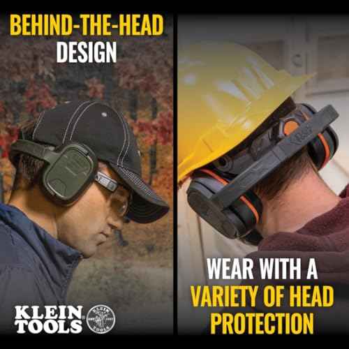 KLEIN TOOLS 60613 Behind-the-Head Earmuffs, 25dB Hearing Protection, Adjustable Headband, for Construction, Manufacturing, Maintenance, Woodworking