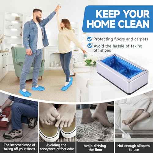 Shoe Covers Dispenser with 200pcs Shoe Cover Disposable Non Slip,Automatic Shoe Covers Dispenser with 200 PCS Disposable Shoe Covers for Home, Office, Supermarket, Factory, Lab (Silver)