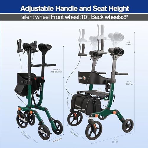 Lightweight Upright Rollator Walker All-Terrain Foldable with seat and Adjustable Height backrest, 300 lbs Capacity, 10" Front & 8" Rear Wheels for Seniors, Adults, bariatric, Includes Cane Holders
