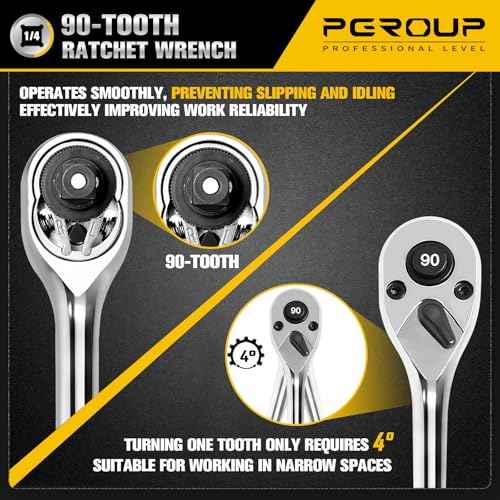 1/4-Inch Drive Ratchet Wrench, 90-Tooth Quick-release Reversible Ratchet Wrench with an Extension Bar(2 inch), 5" Long Socket wrench, 4-Degree Swing, Full Polished,Cr-Mo Head For Gifting,Repairing