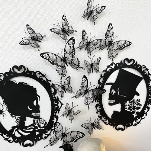 12Pcs Halloween Wall Decor 3D Self-Adhesive Skull Butterfly Wall Stickers Double Layer Black Skeleton Butterflies Designs Gothic Wall Decorations for Indoor Outdoor Halloween Party Atmosphere Supplies