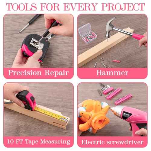 Drill Set, Cordless Drill, Small Tool Kit, 112pc 3.6V USB Tool Set, Tool Kit for Dorm, Cordless & Rechargeable, Pink Home Toolbox for Women, DIY Toolbox