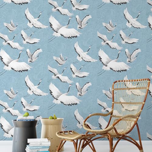 Peel and Stick Wallpaper for Home Decoration Kitchen White Crane Blue Wallpaper Removable Vinyl Self Adhesive Shelf Paper & Drawer Liner Roll House, Workshop & Office 17.3" x 79" TH8096-2