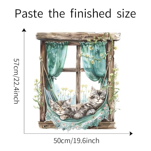 BooDecal 19.6 x 22.4 inches Cute Lazy Cats Fake Wooden Window Removable Wall Decals Flowers Wall Stickers for Childrens Playroom Nursery Bathroom