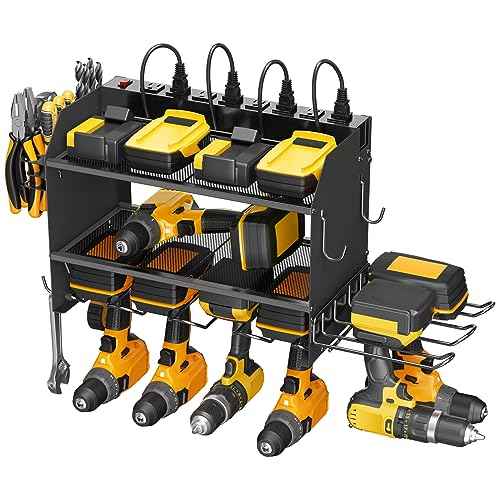 CCCEI Modular Power Tool Organizer Wall Mount Charging Station, Black 6 Drills Holder with 8 Plug Power Strip 10FT, Garage Drill Battery Heavy Duty Metal Shelf, Utility Rack with Hooks, Side Storage.